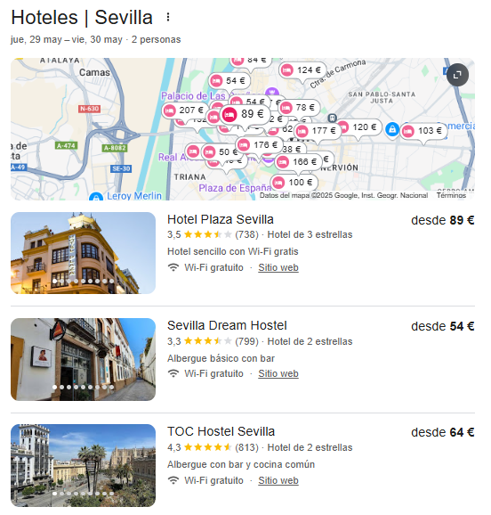 Mapa y listado de hoteles en Sevilla